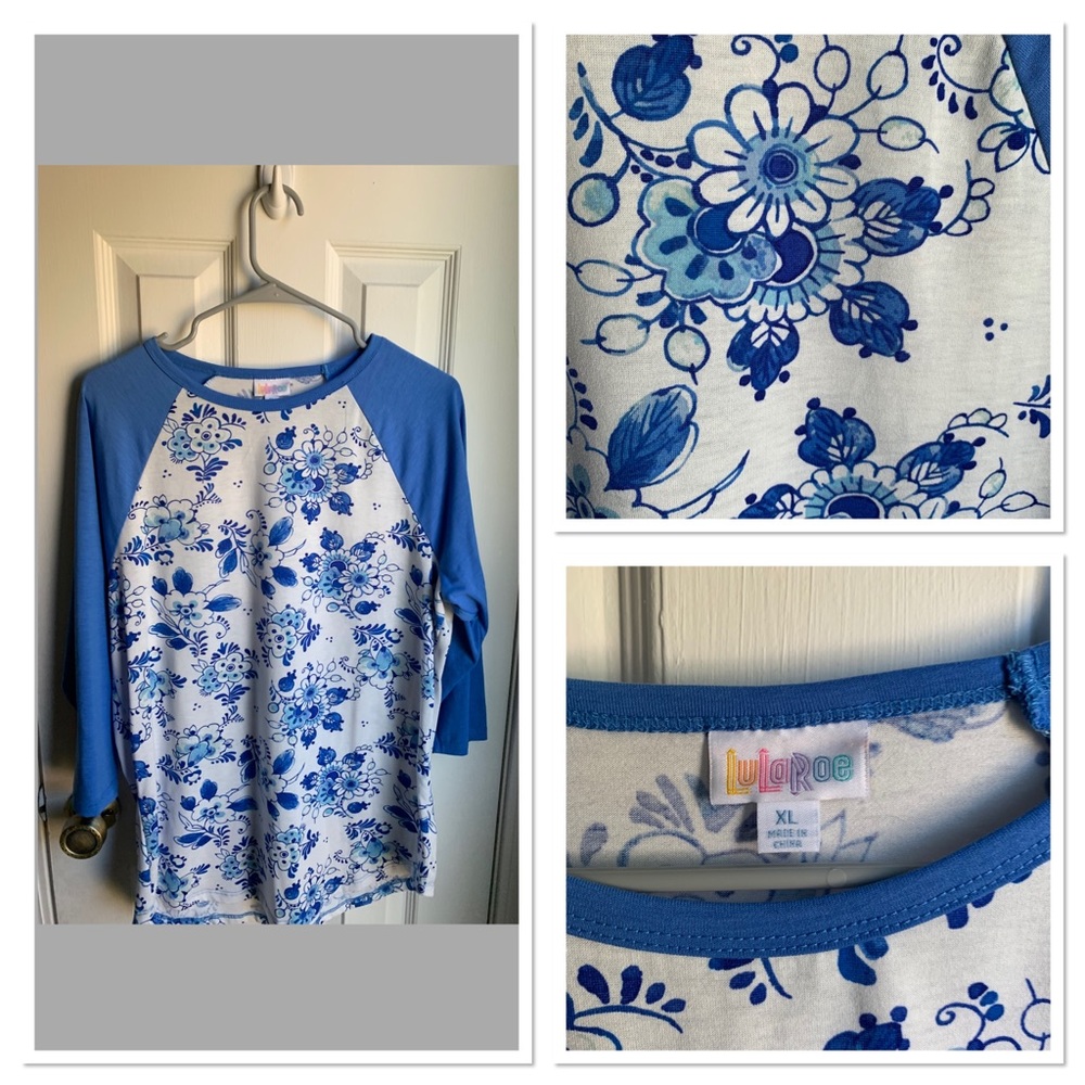 LuLaRoe Blue and White Floral Raglan Top